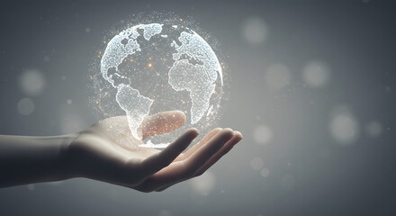 Elegant conceptual representation of global interconnectedness and digital technology held in a hand suggesting