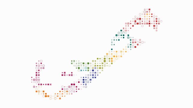 Bermuda map animation. Shape of the country with pulsating colored dots. Small size rounded square blocks. Digital style Bermuda map on white background. Plain video.