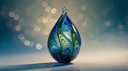 A teardrop shaped glass pendant with swirls of blue green and yellow against a bokeh background