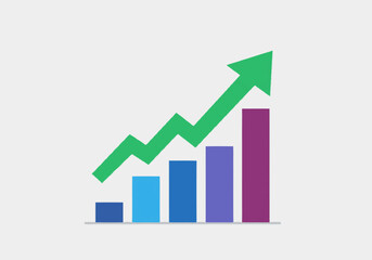 Upward Trending Bar Graph with Green Arrow Showing Growth.