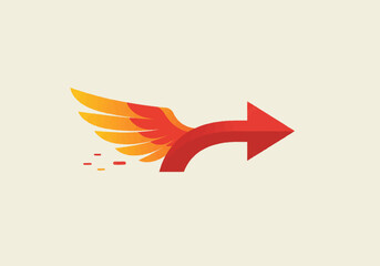 Red Curved Arrow with Orange Wings in Motion.