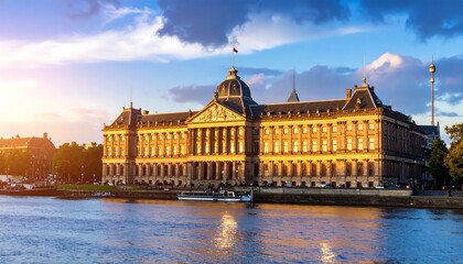 Naklejka premium Grand European building by a river at sunset
