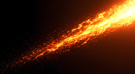 Fiery burst of energy streaks across a dark expanse creating a dramatic visual effect with sparkling particle trails