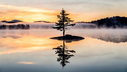Serene lake landscape with misty sunrise and pine tree