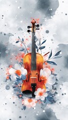 Fototapeta premium Vibrant Watercolor Violin with Floral Background