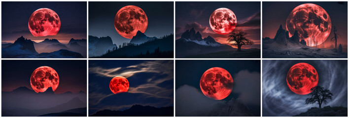 Blood moon over mountain landscapes red moon lunar eclipse