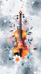 Fototapeta premium Watercolor violin with flowers and leaves on gray background