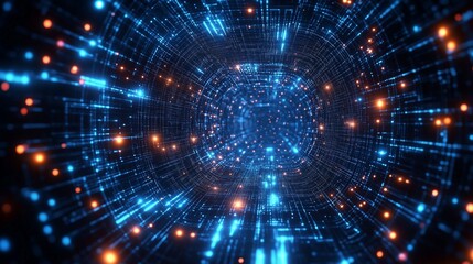 Obraz premium A stunning and abstract visualization of a futuristic digital data tunnel with glowing blue and orange light trails.