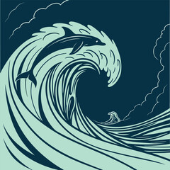Stylized Dolphin Leaping Through a Crashing Ocean Wave In Teal And Dark Blue jumping