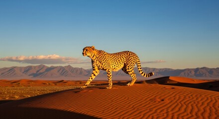 Cheetah walking through desert landscape