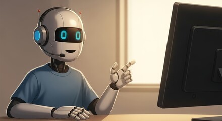 Friendly AI Robot Assistant Working at a Computer Desk.