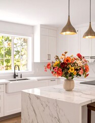 Bright, modern kitchen with colorful flowers