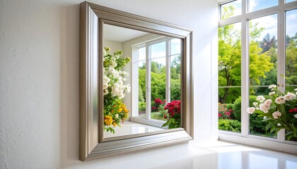 Fototapeta premium A large, silver framed mirror reflects a garden scene with vibrant flowers and lush greenery through a wide window, creating a bright and airy interior.