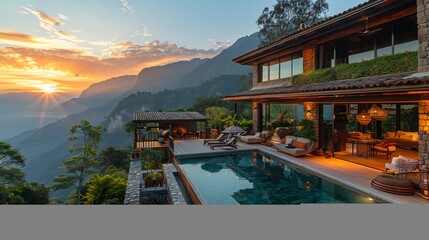 Obraz premium Luxury villa with infinity pool overlooking mountains at sunset in guatemala