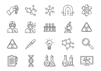 Collection of scientific icons representing research and discovery in chemistry biology and physics