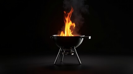 Black barbecue grill with bright orange flames fire