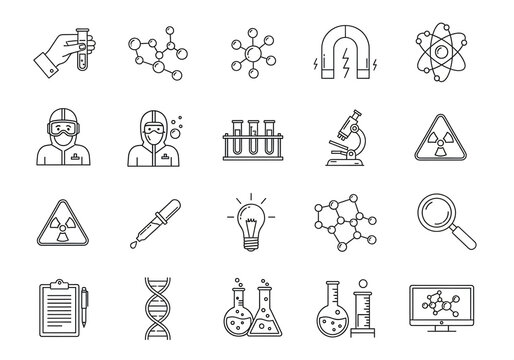Collection of scientific icons representing research and discovery in chemistry biology and physics - Powered by Adobe