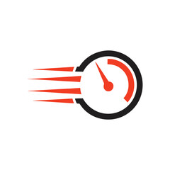 Red and black speedometer icon with motion streaks gauge dial