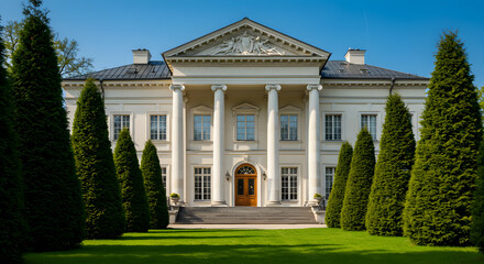 Obraz premium Elegant neoclassical manor amidst verdant landscaping under a clear azure sky evokes timeless affluence and