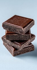 A stack of four dark chocolate squares, slightly unevenly broken, rests on a pale blue background.  The rich, dark brown chocolate shows a glossy sheen