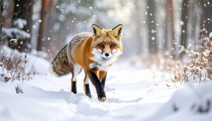 Red fox walking in a snowy winter forest, looking at the camera.
