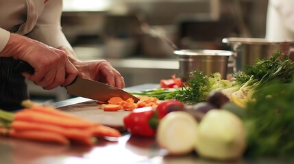 A chef's hands expertly chop vegetables, preparing a colorful array of ingredients for a culinary creation in a professional kitchen setting.