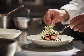 A chef's hands delicately place a garnish atop a gourmet dish of seared meat and grains, highlighting the artistry of fine dining cuisine.