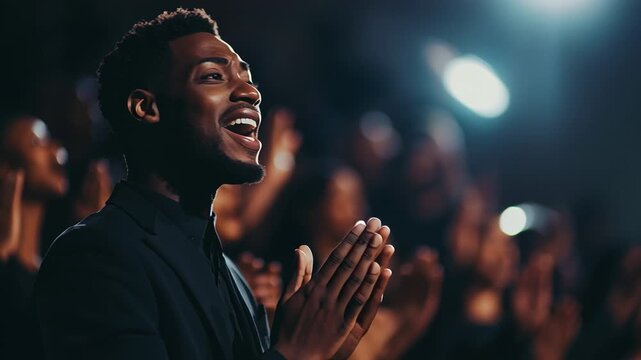 Black Christian gospel singer clapping passionately during a church service, with a dynamic choir singing in unison and raising their hands in praise to Jesus Christ