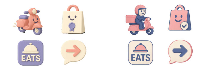 Fototapeta premium Food Delivery Icons with Scooter, Shopping Bag, and Arrow. Modern 3D Icon Set