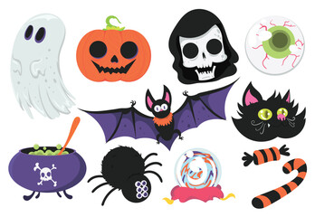 Halloween elements collection showing ghost pumpkin bat skull cat spider candy eyeball cauldron and crystal ball perfect for seasonal decorations parties and projects