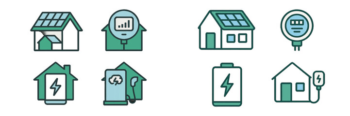 Obraz premium Smart Home Energy System with Solar Panels and Battery Storage. Modern 3D Icon Set