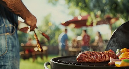 Man grilling meat and vegetables at a summer backyard barbecue with friends.