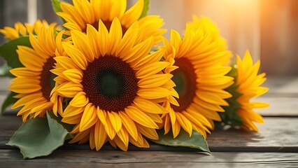 Rustic close-up of sunflower arrangement on a wooden surface with warm natural light.