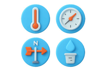 Weather forecast icons: thermometer, clock, wind vane, and rain gauge. Modern 3D Icon Set