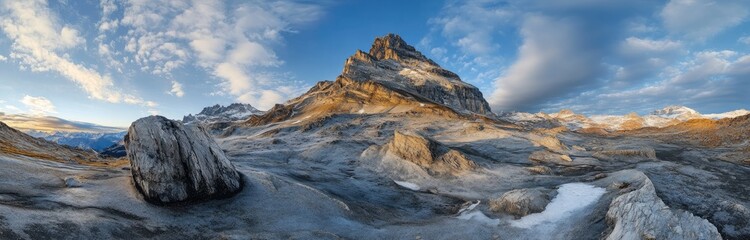 Majestic mountain peak at sunrise, with rocky foreground and partly cloudy sky.