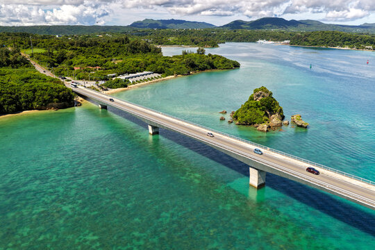 Aerial View of Kouri Bridge (古宇利大橋) from Yagaji Island Side, Okinawa, Japan