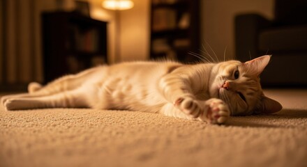 Ginger cat relaxing on carpet