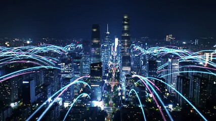 Future Cityscape Glowing Network Connectivity Digital Information Flow - Powered by Adobe