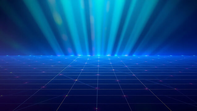 Futuristic blue grid with glowing nodes and volumetric light beams emanating from above