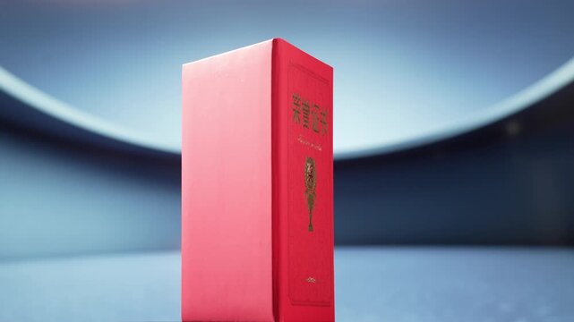 Red rectangular packaging box placed on blue-gray gradient background