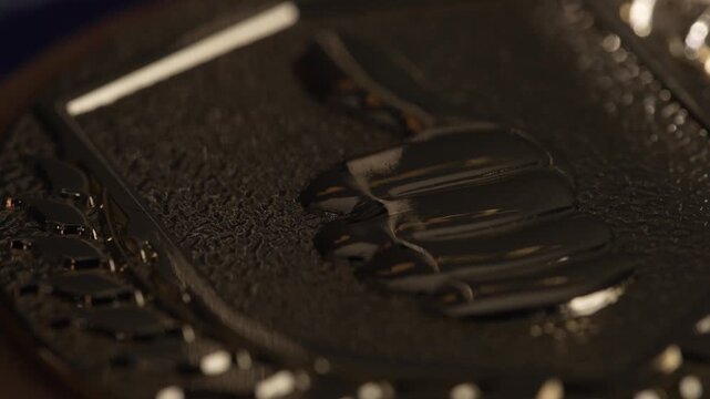 Close-up of a metallic badge with embossed details showcasing texture and craftsmanship