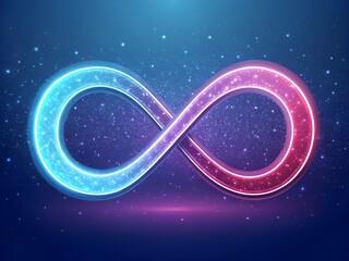 Glowing neon infinity symbol with digital particles on dark blue background
