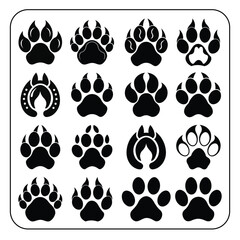 Fototapeta premium Animal Paw Print Icon Set Pet Footprints, Wildlife Tracks, Nature Trail Vector Symbols