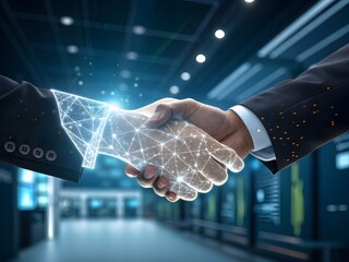 Futuristic handshake with glowing digital network overlay in a modern office
