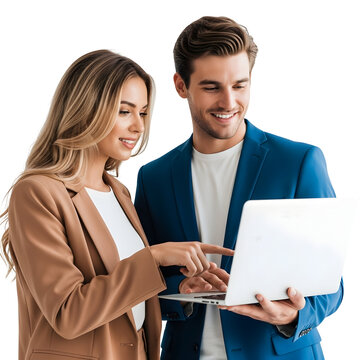 Two smiling young professionals collaborate on a project using a laptop, conveying teamwork and modern business success