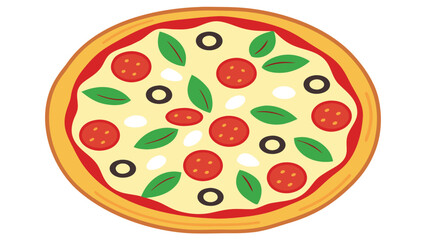 Round pizza with pepperoni olives and basil illustration