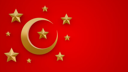 Islamic moon and star with place for text on red background. Gold moon and star for decoration inviration or poster for Ramadan Kareem. Muslim element for graphic design to use on design.