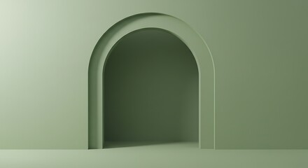 A minimalist sage green archway creating a serene and modern architectural background with soft shadows.