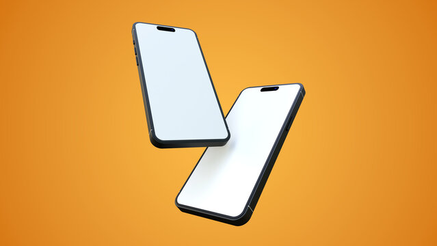 Smartphones mockup for application display or presentation. Blank screen mobile phones floating on a yellow background. Smartphone blank screen mockup.