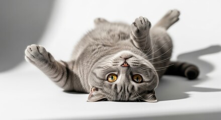 Gray cat lying down on white background